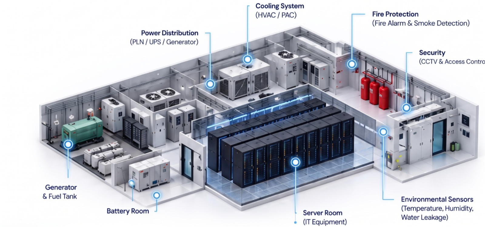 Data center facility operations with power, cooling, environmental sensors, server room, battery room, security, fire protection, and generator systems